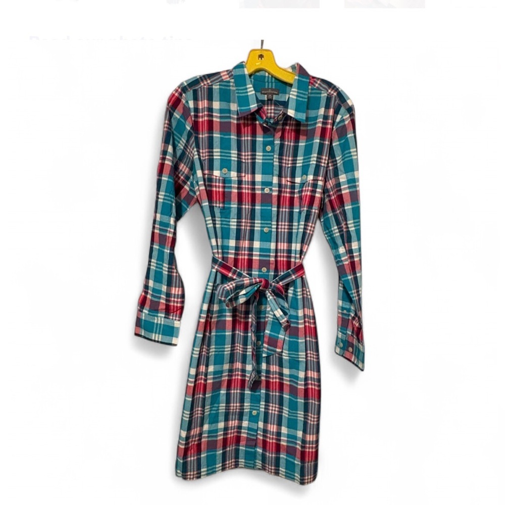 LL Bean Signature Blue Pink Plaid Belted Long Sleeve Button Down Dress Size 14